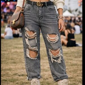 SHEIN Petite M Gray Wash Ripped Boyfriend‎ Jeans Women